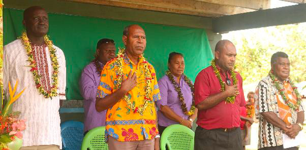 Some of the invited guests to the occasion (L to R) Mr. ML Sawaneh, PME for PGSP, Mr. Max Tova, Director Projects for MPGIS, Mr. Timothy Ngele, PS for GP, Mrs. Susie Iro, EPS for MPGIS, Mr. Maesac Suia, CEO for GP, and Chairperson of Teatupa School Board Mr. Batholomew Vavanga